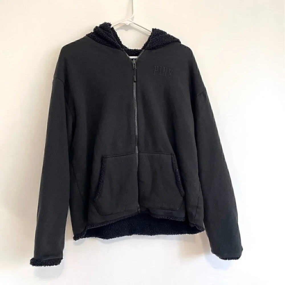 VS PINK VICTORIA'S SECRET Reversible Sherpa Lined Full Zip Hoodie Sweatshirt M - Picture 2 of 16